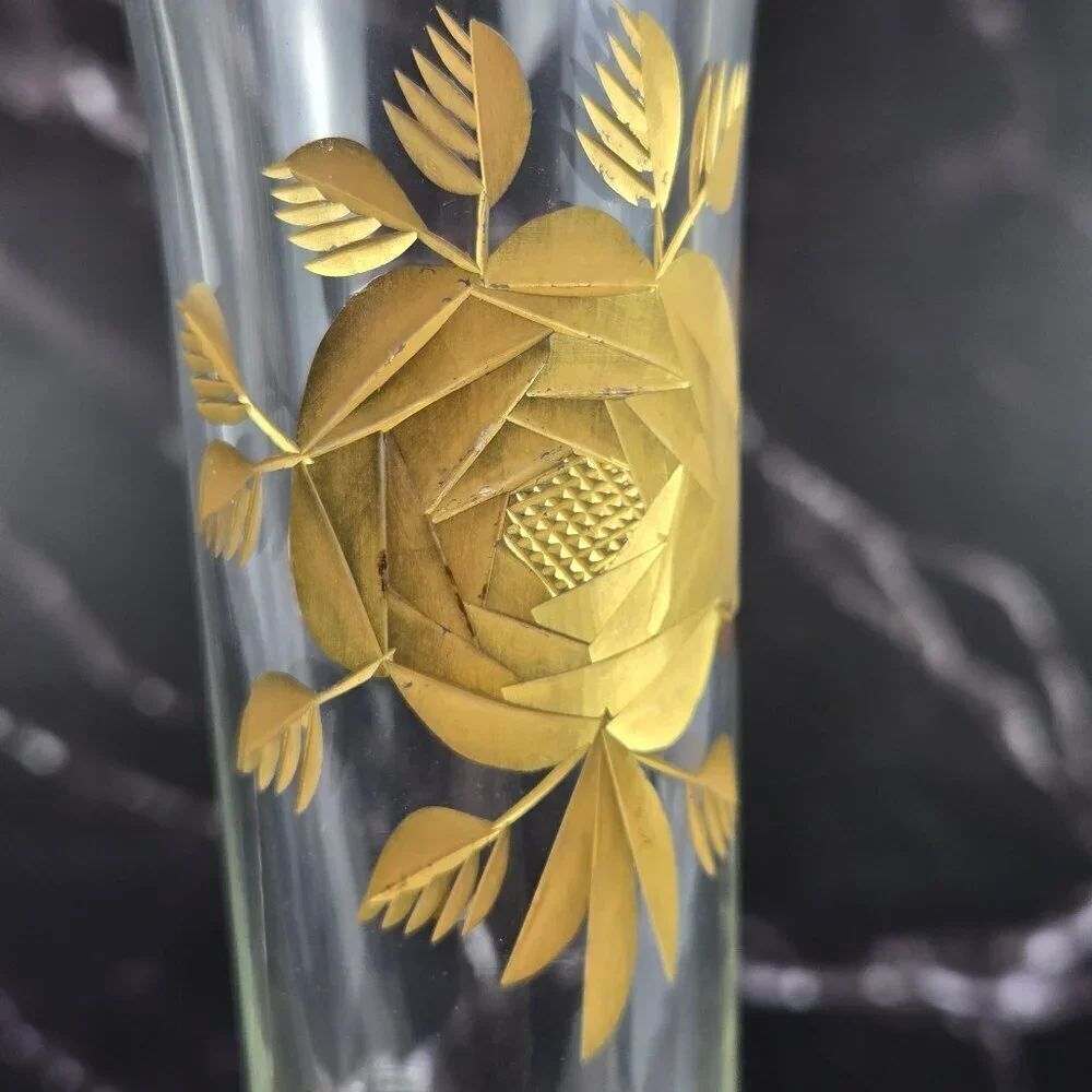 Vintage Ransgil Crystal Bud Vase Gold Gilt Rose on Front 1940's-1950's MCM